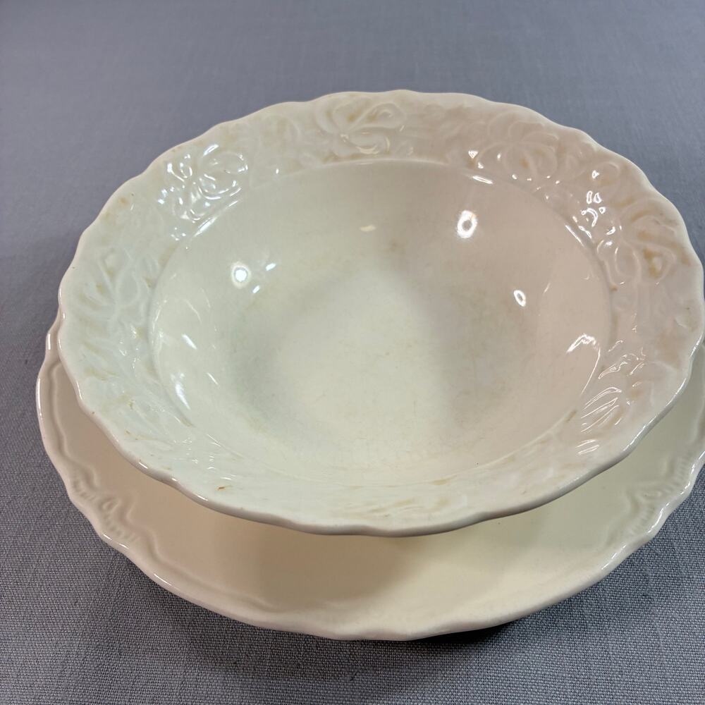 Vintage Embossed Floral Cream Soup Bowl & Salad Plate Set 9 Inch Cottagecore